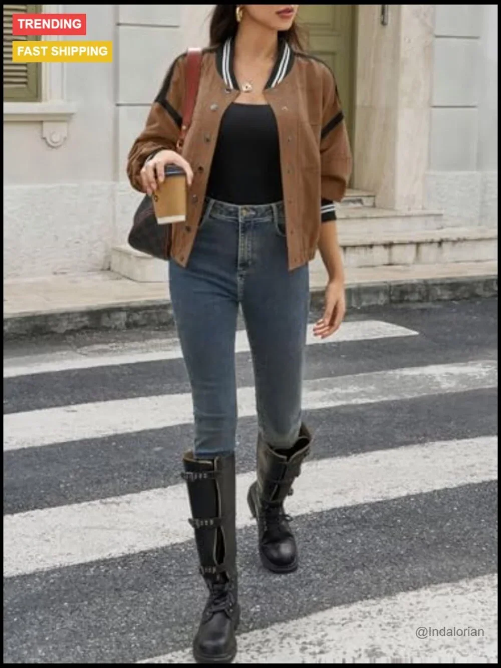 Cropped Bomber Jacket with Button Front and Side Pockets - Picture 5 of 6